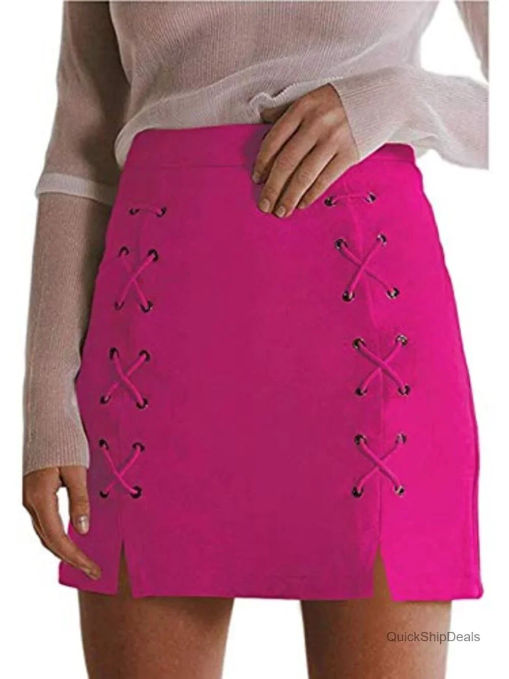 Faux Suede High Waist Lace Up Side Slit Bodycon Mini Skirt